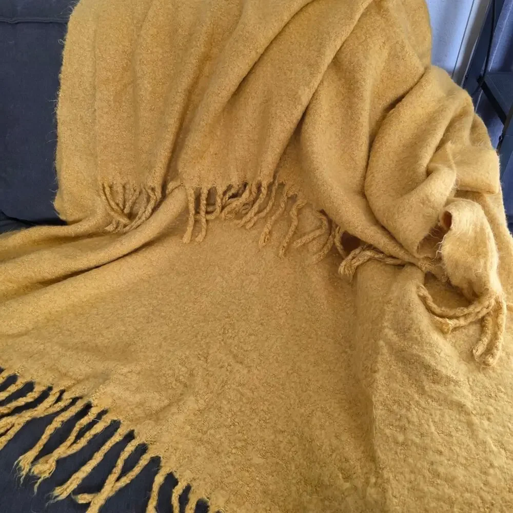 Pottery Barn Cozy Mustard Yellow Fringe Throw Blanket 50